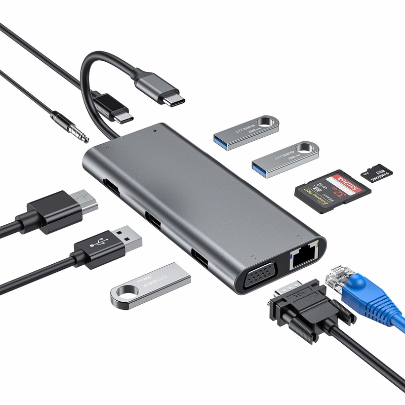 11 In 1 Type-C Hub Multiport Dock Station With USB3.0 PD SD/TF 4K HDMI VGA RJ45 Adapter