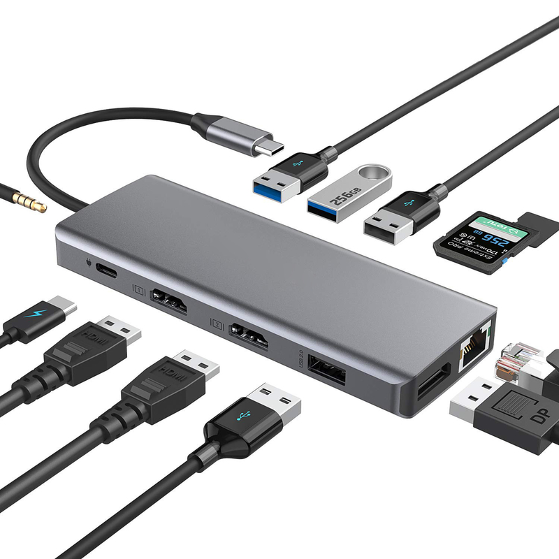 Silver Portable USB C hub multiport adapter with HDMI 3.5mm Audio Jack for MacBook Pro