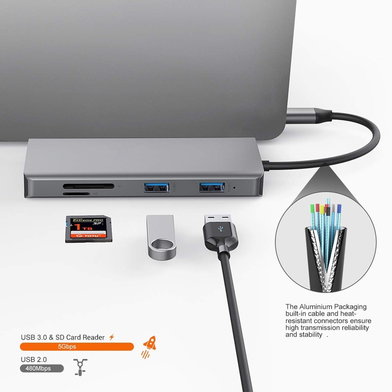 11 in 1 aluminum Silver USB C Hub with 3.5mm Audio Jack SD Card Reader for Mac laptop