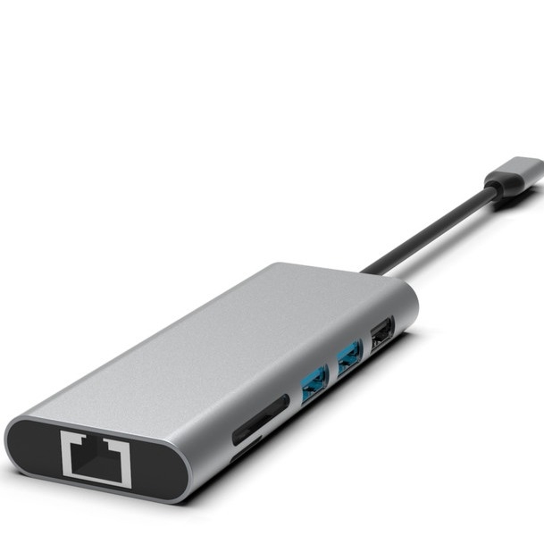 Silver 10-in-1 USB-C Hub with HDMI USB 3.0 Ethernet 3.5mm Audio Jack for PC and laptop