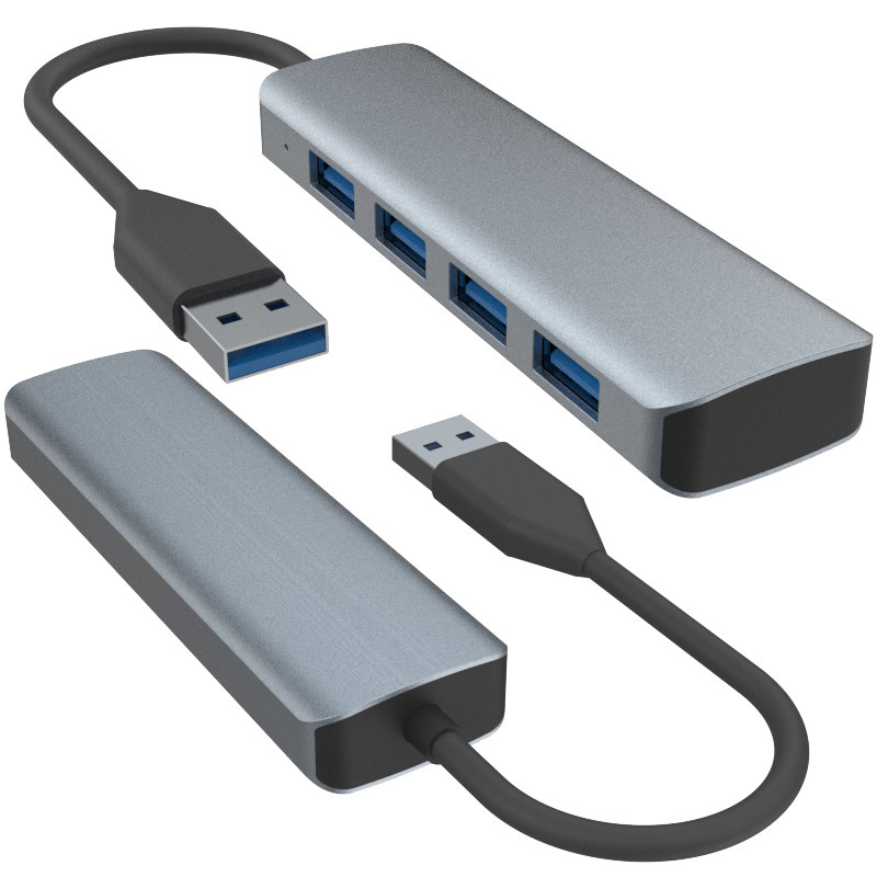 4 Port USB A Hub With Power Supply Sleek Black Gray Aluminum Hub Adapter For Computers