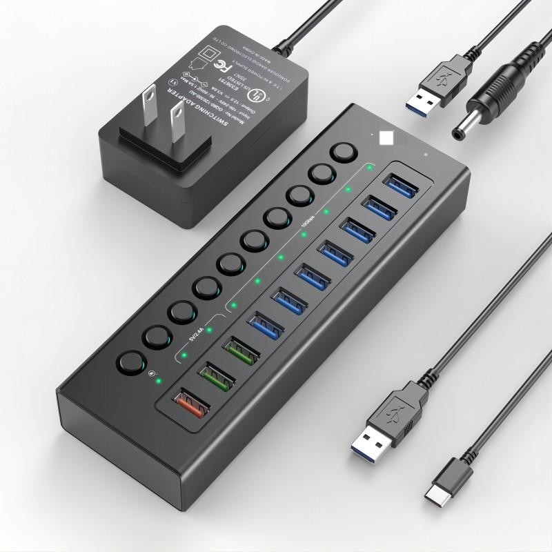Multi-Port Hub Usb C 3.0 Docking Station Laptop Splitter One Smart Charging Port Individual On/Off Switches