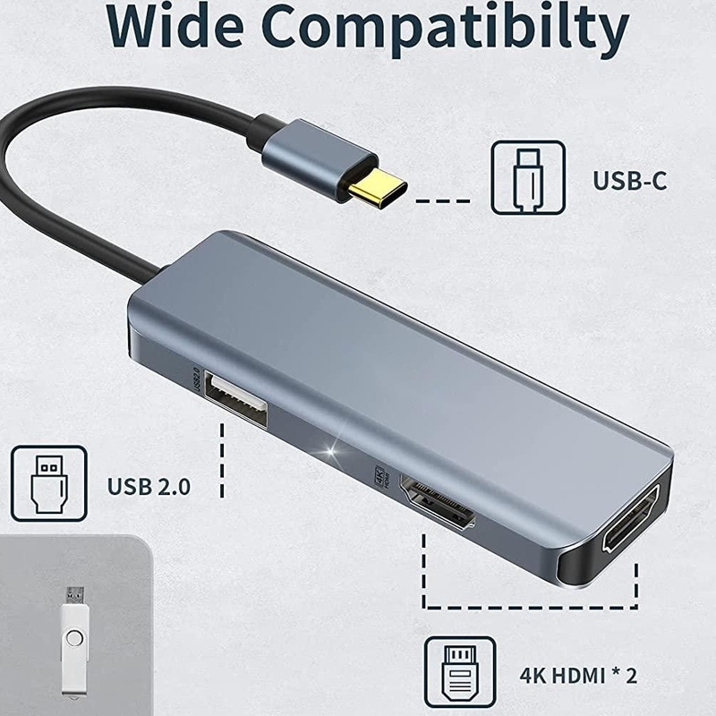 Dual Hdmi Usb C Dock Hub Aluminum USB C Adapter Monitor 3 In 1 Dongle With 4K HDMI