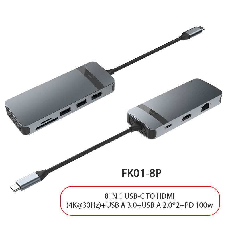 8 In 1 Usb C Hub Adapter Dongle 4K HDMI VGA Type C PD USB3.0 RJ45 Ethernet SD/TF