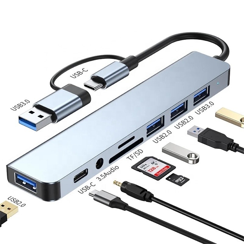 8-In-1 USB 3.0 Hub 3*USB 2.0 3.5mm Audio SD/TF Card Reader Output for Data Transfer and Charging