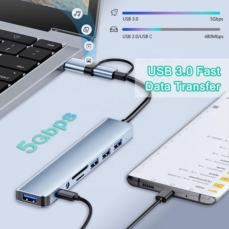 8-In-1 USB 3.0 Hub 3*USB 2.0 3.5mm Audio SD/TF Card Reader Output for Data Transfer and Charging