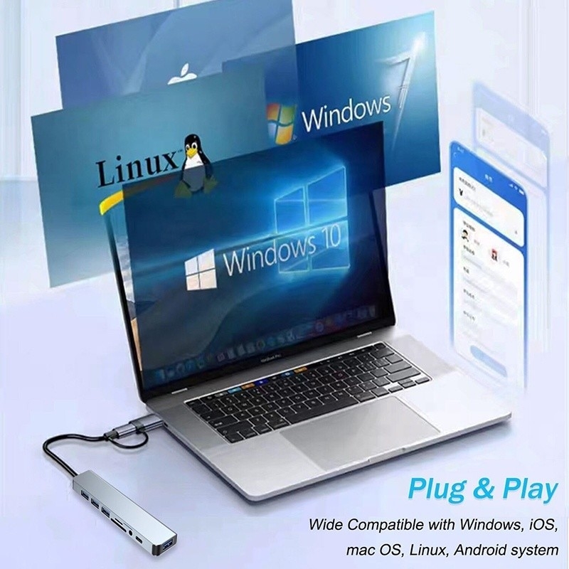 8-In-1 USB 3.0 Hub 3*USB 2.0 3.5mm Audio SD/TF Card Reader Output for Data Transfer and Charging