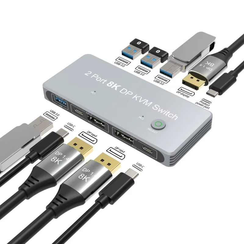 2-Port Displayport and USB KVM Switch 4K 144Hz 8K 60Hz 1.4 with 1.4 DP USB Interface