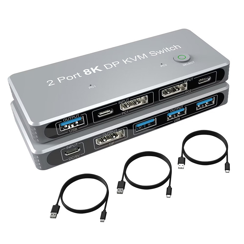 2-Port Displayport and USB KVM Switch 4K 144Hz 8K 60Hz 1.4 with 1.4 DP USB Interface