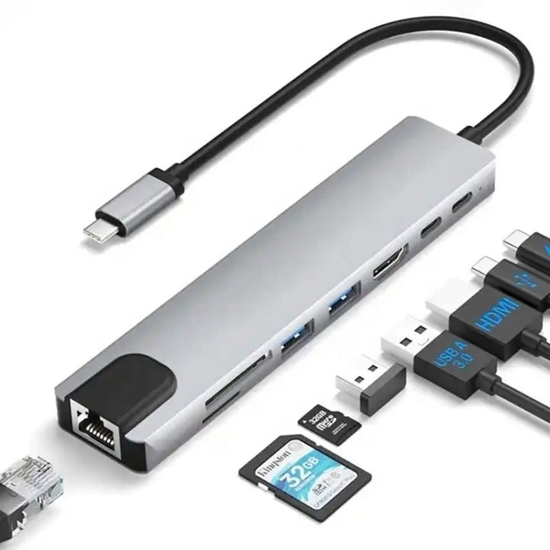Versatile 8-In-1 USB Type C Hub Multiport Adapter for Multi-Tasking and Data Transfer