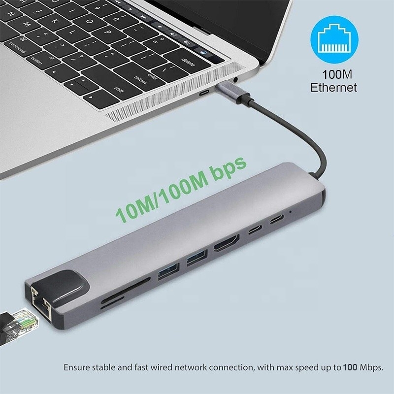 Versatile 8-In-1 USB Type C Hub Multiport Adapter for Multi-Tasking and Data Transfer