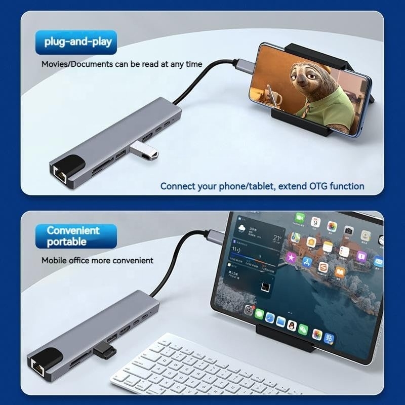 Versatile 8-In-1 USB Type C Hub Multiport Adapter for Multi-Tasking and Data Transfer