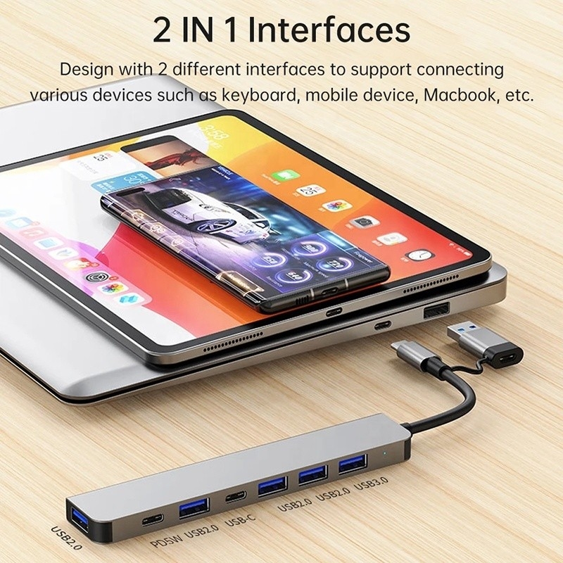 Aluminum Alloy 7 In 1 USB Splitter for Laptop Desktop PC Acceptable OEM/ODM