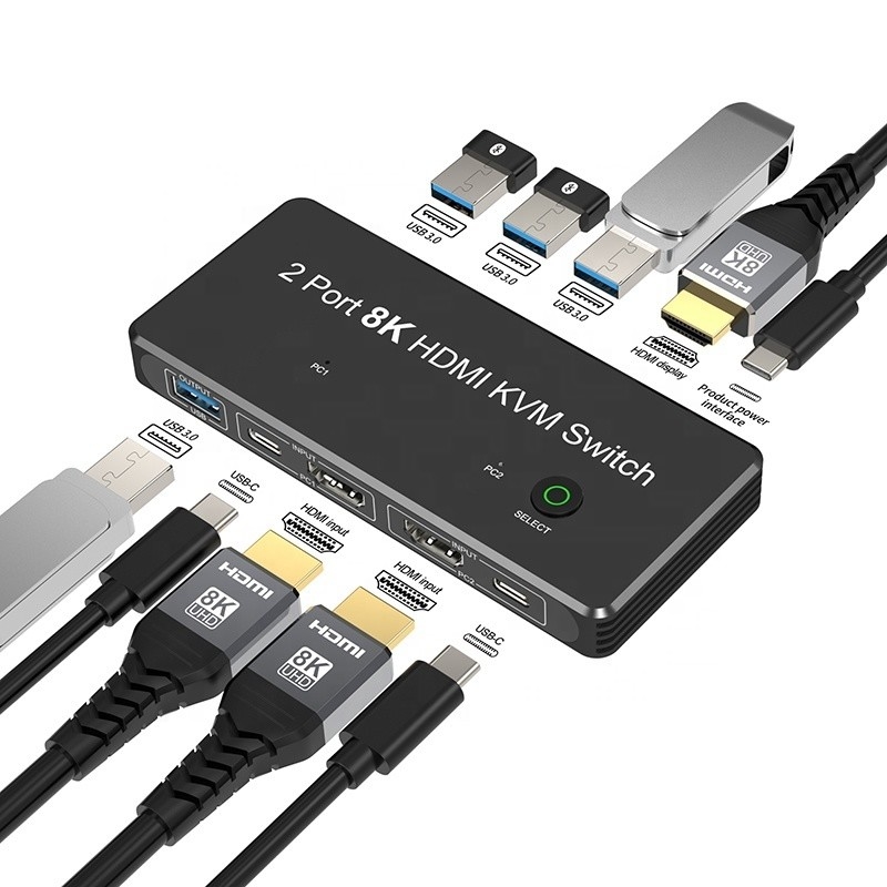 2 Port HDMI 2.1 KVM Switch with USB 3.0 2 Input 1 Output LED Indicators Female-Female