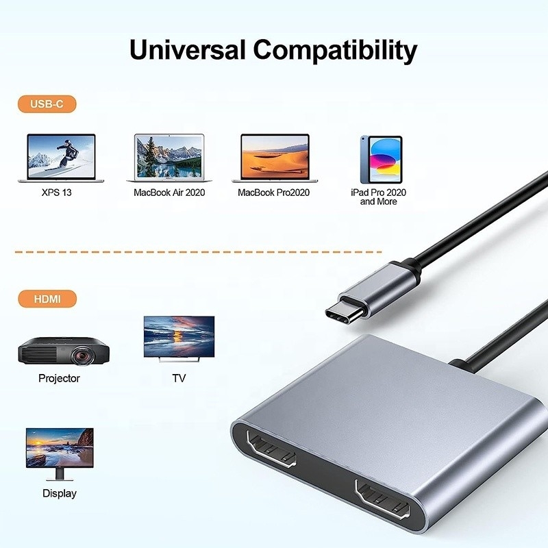 Type C Male to Dual HDMI Female Thunderbolt 3 USB-C Multi-Monitor Adapter Cable 4K 30Hz