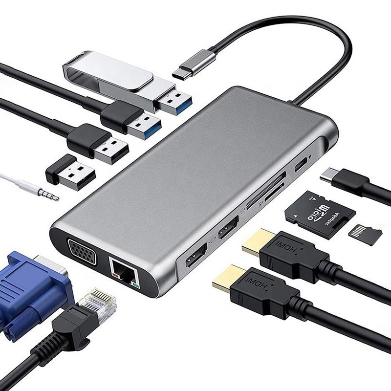 12-In-1 USB Type-C Docking Station HDMI 1080P 60Hz 2*HDMI VGA RJ45 4*USB Audio SD/TF PD