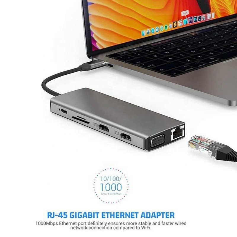 12-In-1 USB Type-C Docking Station HDMI 1080P 60Hz 2*HDMI VGA RJ45 4*USB Audio SD/TF PD