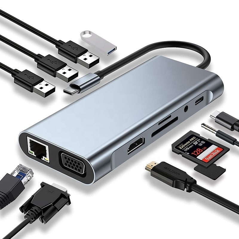 Multifunction USB C Hub Dock with Gigabit RJ45 Ethernet TF SD Card Reader HDMI VGA USB 3.0