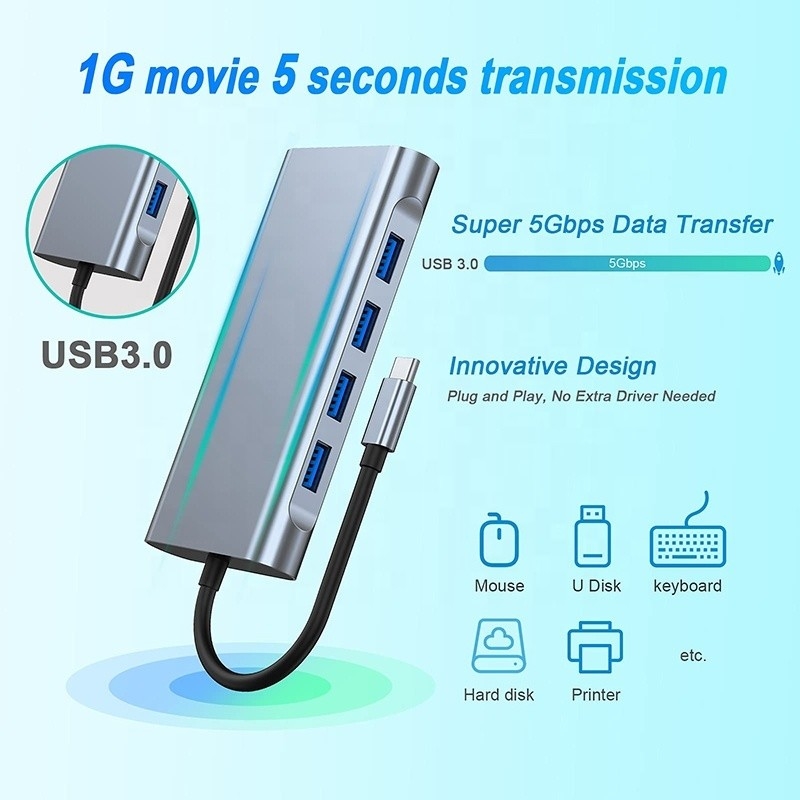 Multifunction USB C Hub Dock with Gigabit RJ45 Ethernet TF SD Card Reader HDMI VGA USB 3.0