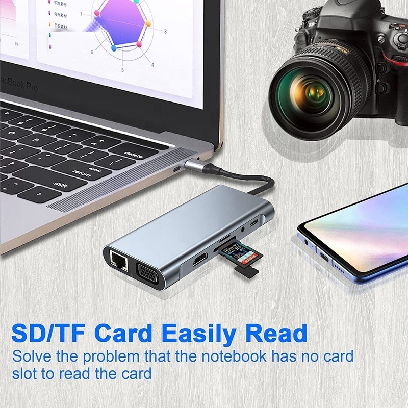 Multifunction USB C Hub Dock with Gigabit RJ45 Ethernet TF SD Card Reader HDMI VGA USB 3.0