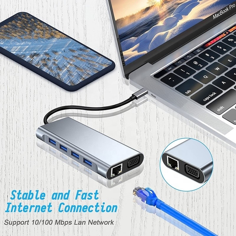 Multifunction USB C Hub Dock with Gigabit RJ45 Ethernet TF SD Card Reader HDMI VGA USB 3.0