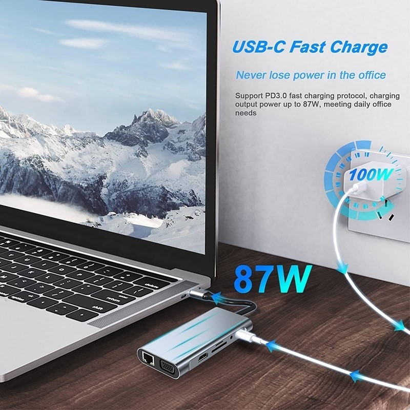 Multifunction USB C Hub Dock with Gigabit RJ45 Ethernet TF SD Card Reader HDMI VGA USB 3.0