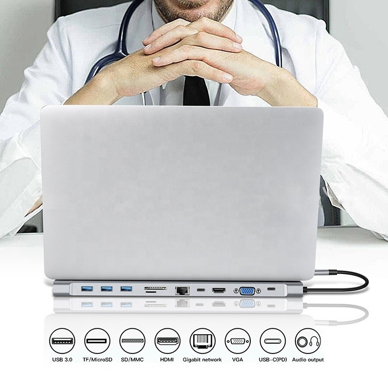 11 In 1 USB C Type C Docking Station with VGA Ethernet 3.5MM Audio TF/SD Card Reader