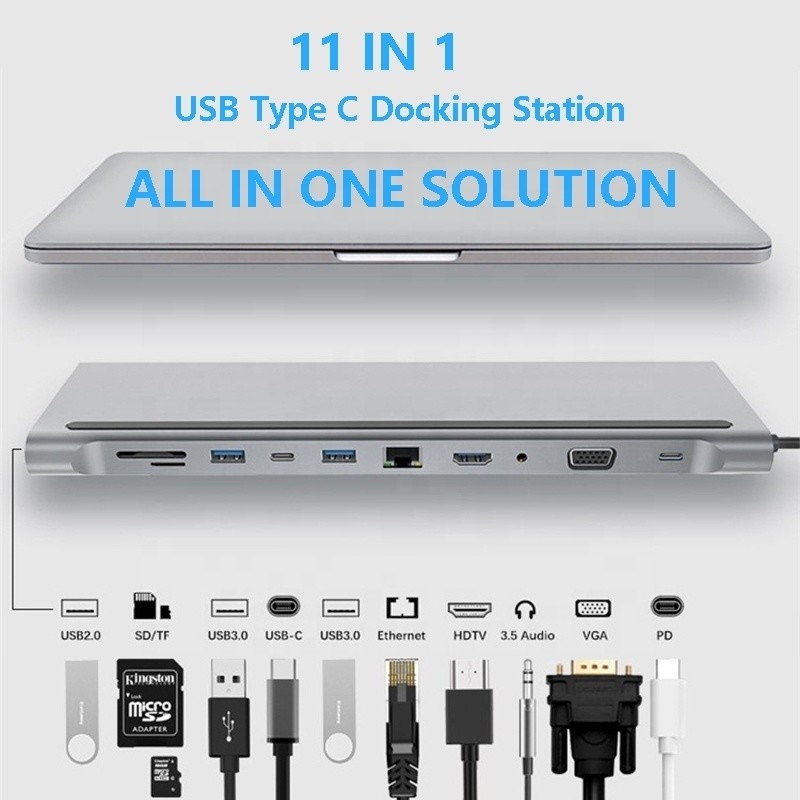 11 In 1 Multiport USB C USB-C Type-C PD 4K HDTV Hub Adapter Docking Station With RJ45