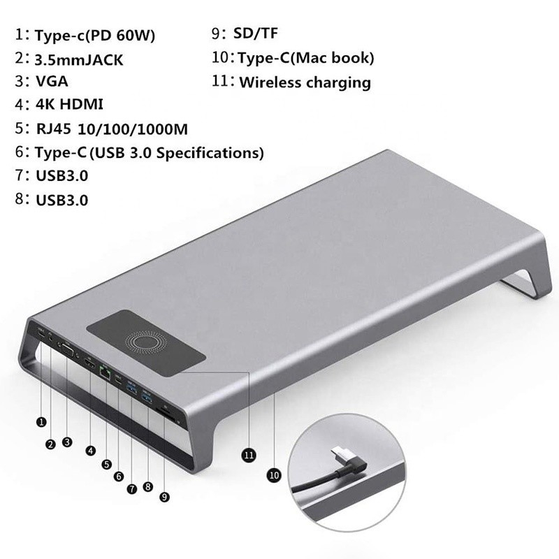 TYPE-C Male 11 In 1 Hub Computer Laptop Docking Station Adapter with 1000Mbps RJ45 and USB-C PD