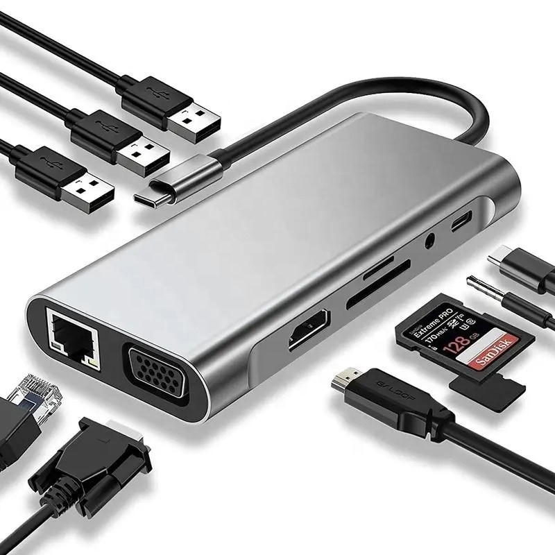 USB C Hub Type-C To USB 3.0 HDMI VGA RJ45 Lan SD TF Audio USB Grey Multiport Adapter