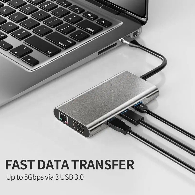 USB C Hub Type-C To USB 3.0 HDMI VGA RJ45 Lan SD TF Audio USB Grey Multiport Adapter