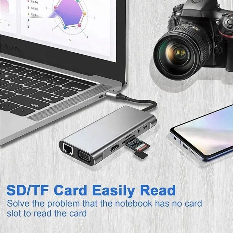 USB C Hub Type-C To USB 3.0 HDMI VGA RJ45 Lan SD TF Audio USB Grey Multiport Adapter