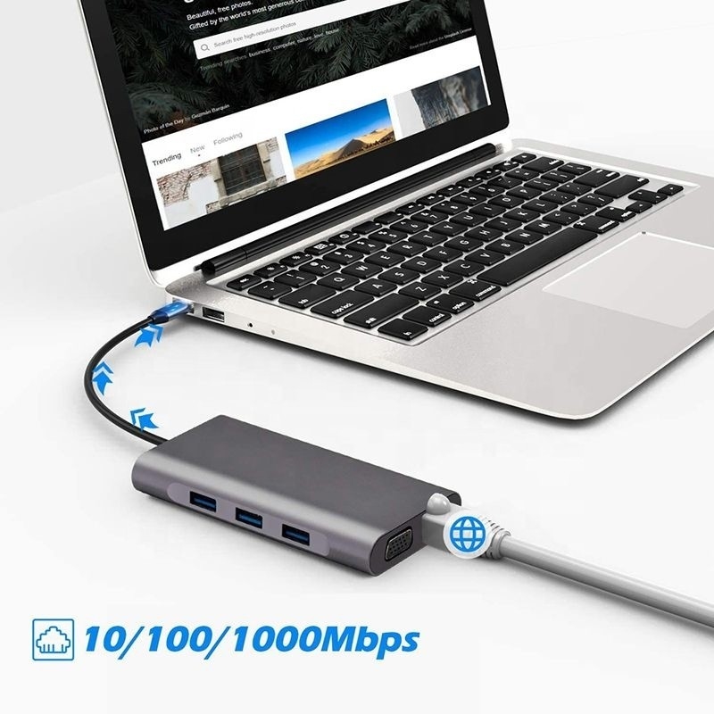 USB C Hub Type-C To USB 3.0 HDMI VGA RJ45 Lan SD TF Audio USB Grey Multiport Adapter