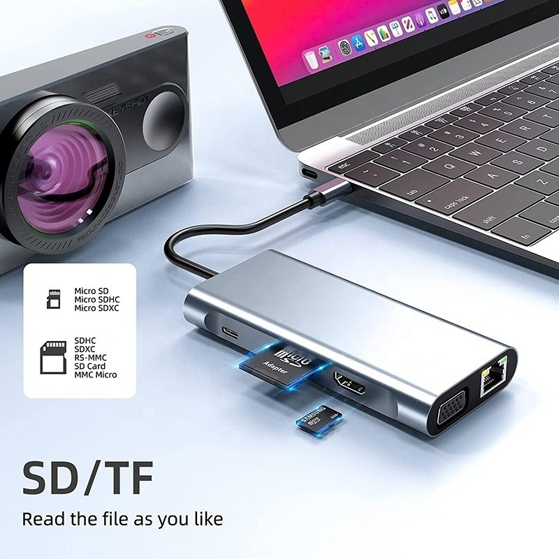 USB C Type C 10 In 1 Docking Station with 4K HDTV VGA Lan RJ45 USB3.0 Card Reader PD