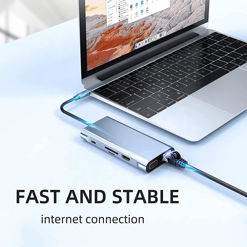 USB C Type C 10 In 1 Docking Station with 4K HDTV VGA Lan RJ45 USB3.0 Card Reader PD