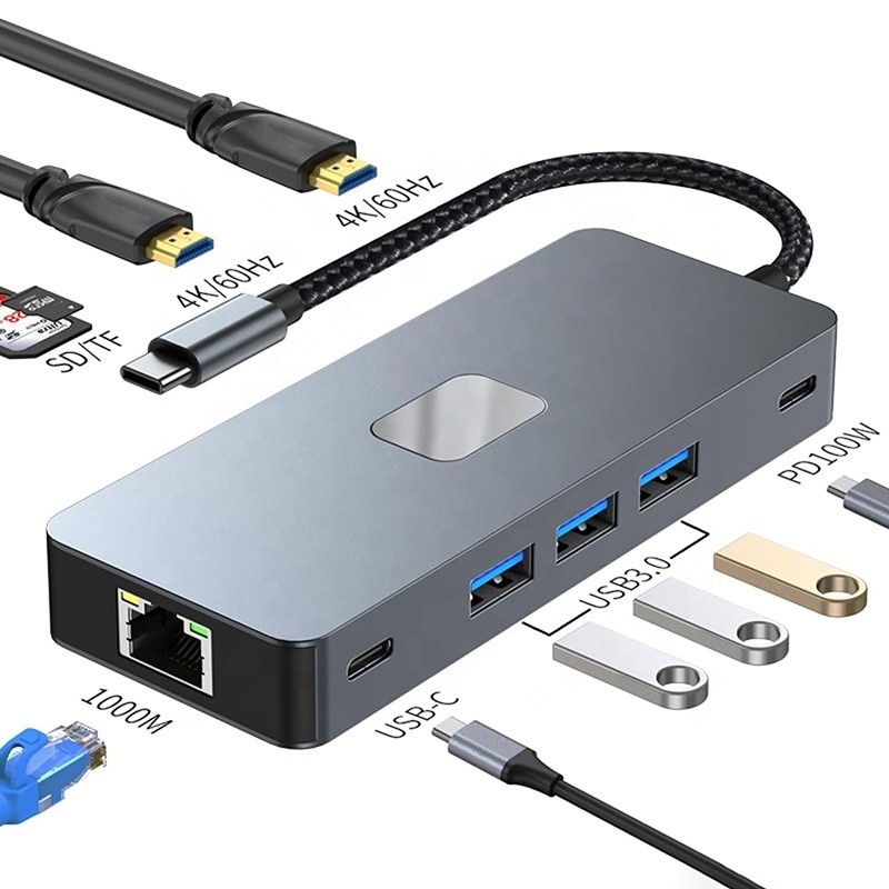 10 In 1 USB C Hub To Dual HDMI 4K 60Hz Adapter Dock with USB 3.0 Ethernet RJ45 1000Mbps