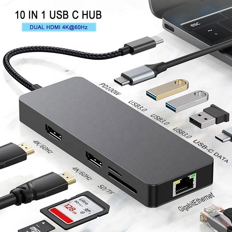 10 In 1 USB C Hub To Dual  4K 60Hz Adapter Dock with USB 3.0 Ethernet RJ45 1000Mbps
