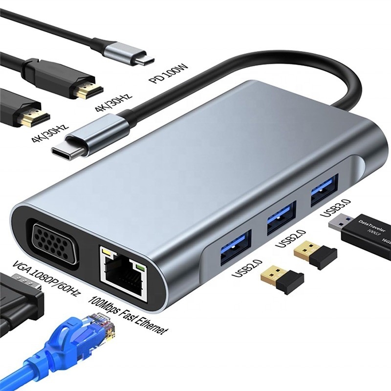 Multi Function 8-In-1 USB-C USB C Docking Station with Dual 4K HDMI and 2 HDMI Ports Gray