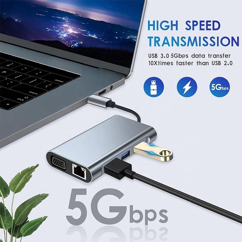 Multi Function 8-In-1 USB-C USB C Docking Station with Dual 4K HDMI and 2 HDMI Ports Gray