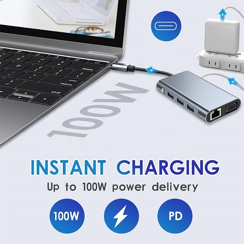 Multi Function 8-In-1 USB-C USB C Docking Station with Dual 4K HDMI and 2 HDMI Ports Gray