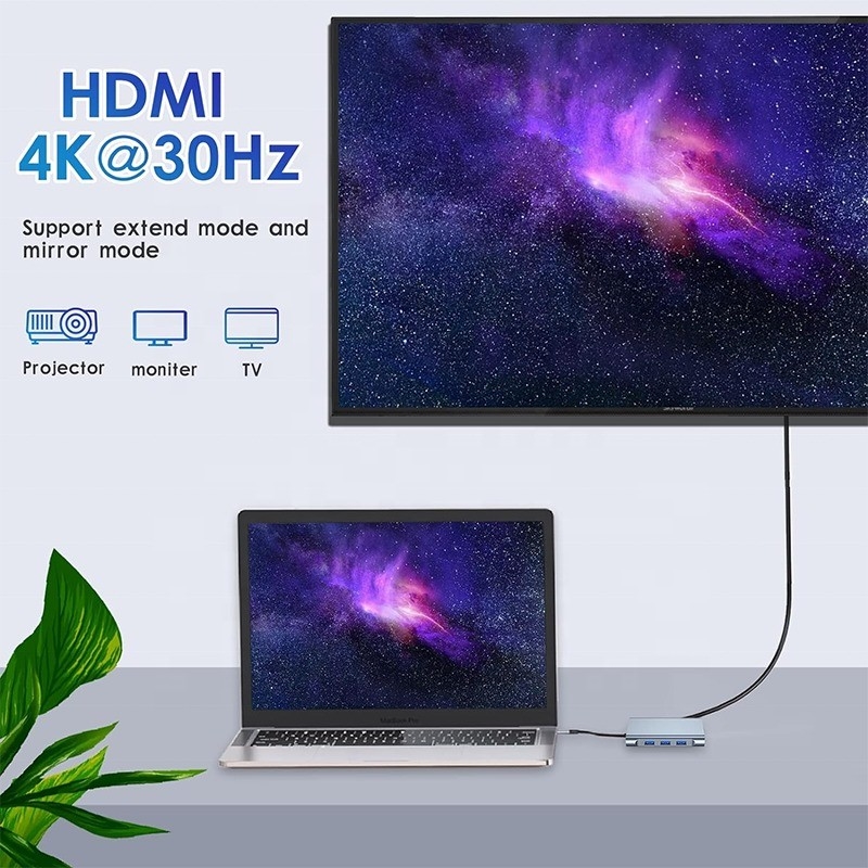 Multi Function 8-In-1 USB-C USB C Docking Station with Dual 4K HDMI and 2 HDMI Ports Gray