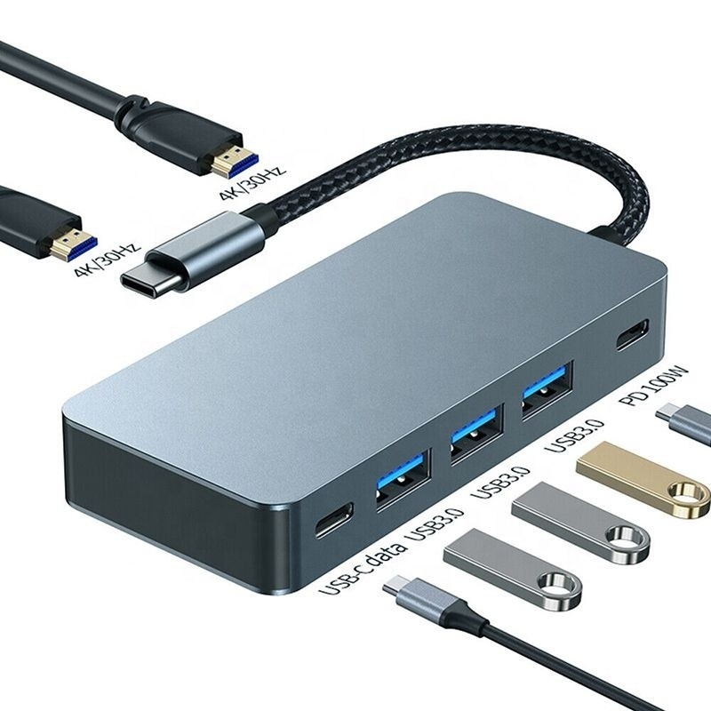 4K 30Hz Dual HDMI USB 3.0 Adapter Docking Station 7 In 1 Multiport USB C Type C Hub