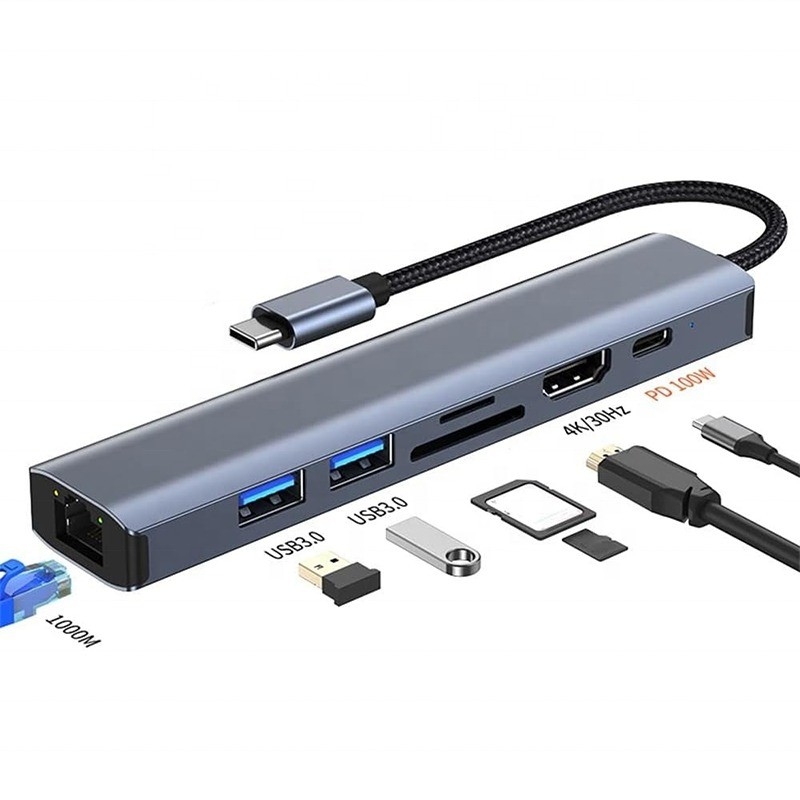 Gray 7 In 1 USB C Type C Hub with 1000M RJ45 Gigabit Ethernet 4K HDMI PD 100W Adapter