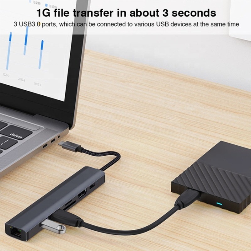 Gray 7 In 1 USB C Type C Hub with 1000M RJ45 Gigabit Ethernet 4K HDMI PD 100W Adapter