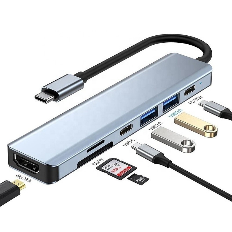 Gray 7 In 1 USB C To HDMI Adapter Hub Dock with 4K HD HDMI PD SD TF SD/TF Card Reader