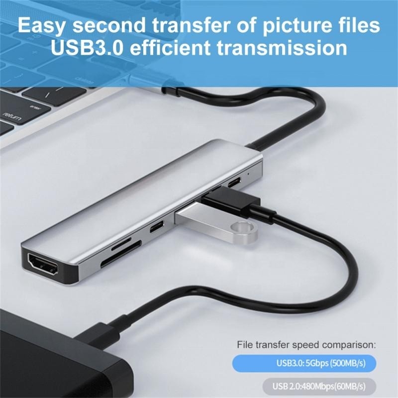 Gray 7 In 1 USB C To HDMI Adapter Hub Dock with 4K HD HDMI PD SD TF SD/TF Card Reader