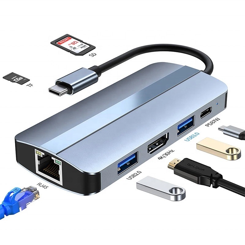 7 In 1 USB C USB-C Hub For Macbook Gray HDMI USB 3.0 USB2.0 RJ45 SD/TF Card Reader PD Output