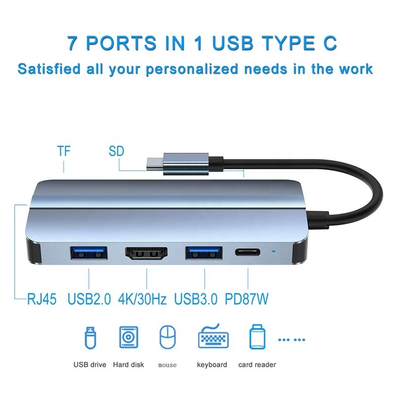 7 In 1 USB C USB-C Hub For Macbook Gray HDMI USB 3.0 USB2.0 RJ45 SD/TF Card Reader PD Output