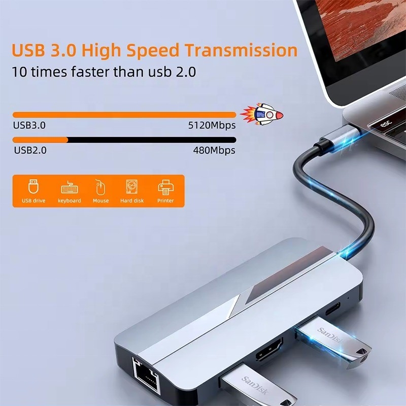 7 In 1 USB C USB-C Hub For Macbook Gray HDMI USB 3.0 USB2.0 RJ45 SD/TF Card Reader PD Output