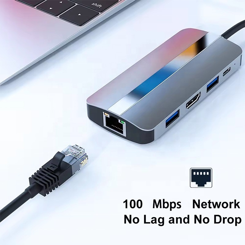 7 In 1 USB C USB-C Hub For Macbook Gray HDMI USB 3.0 USB2.0 RJ45 SD/TF Card Reader PD Output